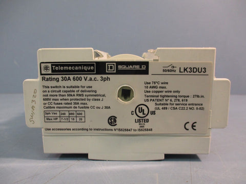 Telemecanique/Square D LK3DU3 Panel Disconnect Switch 30A 600 VAC 3ph 50/60 Hz