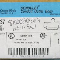 Box of 2 Crouse Hinds TB37 Conduit Outlet Body 1" 14.5 CU IN NIB