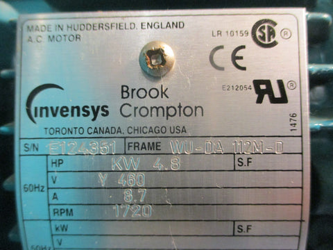Brook Crompton WU-DA112M-D AC Electric Motor 4.8KW 1720RPM 460V 28mm Shaft Dia