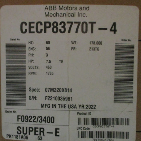 ABB Baldor CECP83770T-4 3-Phase Motor 7.5HP 1765RPM 460V 1-3/8" Shaft Dia
