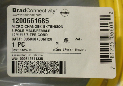 Molex 1200661685 BradConnectivity Cordset 885030K03M120 12M Long