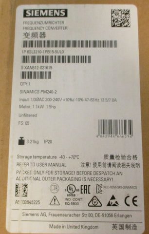 Siemens 6SL32101PB155UL0 Frequency Converter 1.1kW 200240V