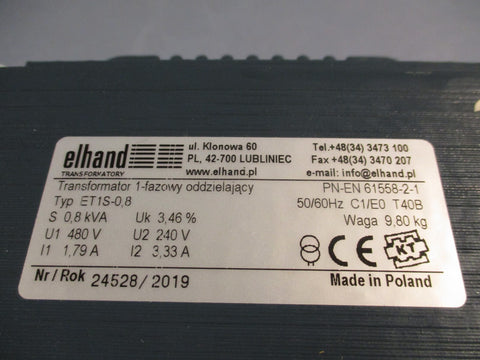 ELHAND TRANSFORMER 0.8 KVA 50/60HZ 480VAC  ET1S0.8 PNEN6155821
