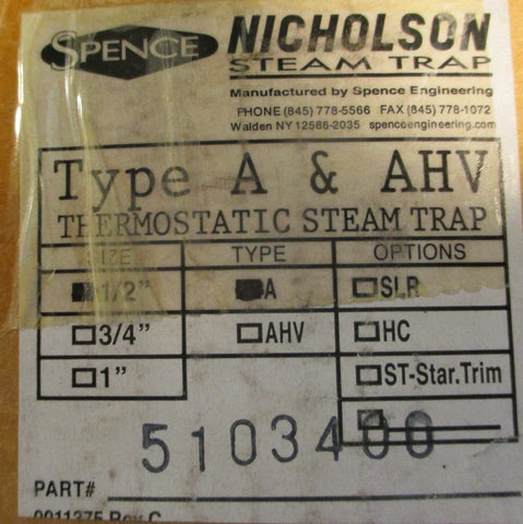 Spence Nicholson Type A Thermostatic Steam Trap 5103400 1/2"