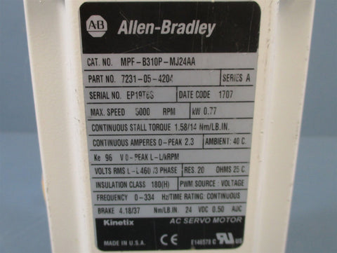Allen Bradley 7231054204 Servo Motor Ser A 0.77 kW MPFB310PMJ24AA NWOB
