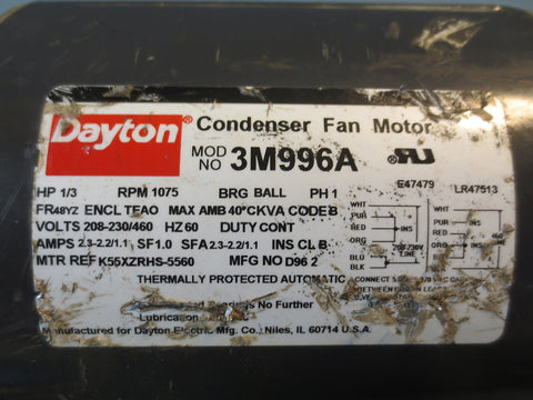 Dayton 1/3 HP Single Phase 1075 RPM Condenser Fan Motor Model No. 3M996A