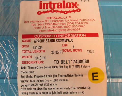 Intralox ThermoDrive 8050 Flat Top E 7mm Polyurethane Blue 20.05 FT, 14" Wide