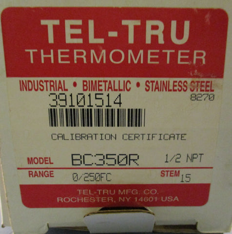 Tel Tru Thermometer BC35OR 1/2 Npt 15" Stem 0/250 Fc Adj Angle