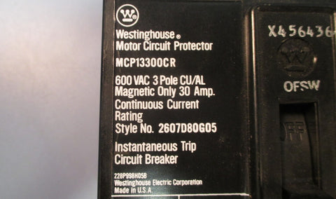 Westinghouse MCP13300CR Motor Circuit Protector Breaker 600VAC 3 Pole Used