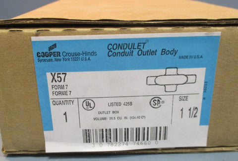 Cooper Crouse Hinds X57 Conduit Body Outlet Box 11/2" Ports NIB