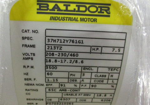 Baldor 37H712Y761G1 Super E Motor 7.5 HP, 3500 RPM, 213TZ, 208-230/460 Volt