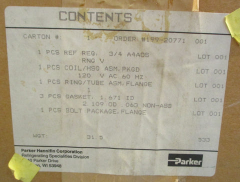 Parker A4AOS Pilot Operated Refrigerant Pressure Regulator 400 PSIG Max