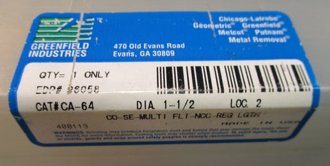 Putnam 1-1/2"  6 Flute End Mill Lead 7.845 2-1/4" Shank 2.05" Cut Length Used