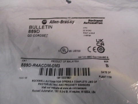 Allen Bradley QD Cordset, 4 Pin M To 4 Pin 90° F, 0.3M Series B 889D-R4ACDM-0M3