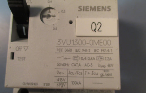 Siemens 3VU13000ME00 Motor Protector Circuit Breaker Used