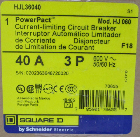 Schneider Electric Square D HJL36040 Current-Limiting Circuit Breaker 40A 600VAC