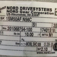 Nord 1SM50AFN56C Right Angle Gearbox 10:1, 311lb/in, 1" Bore 1SM50AF N56C