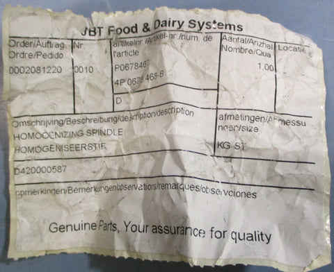 JBT Food & Dairy Systems P0678093XMS010 Homogenizing Spindle 4P.0678.468B