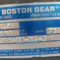 Boston Gear F721-20-B5-J Gear Reducer 20:1 Ratio 1.4 Input HP 1" Shaft Dia
