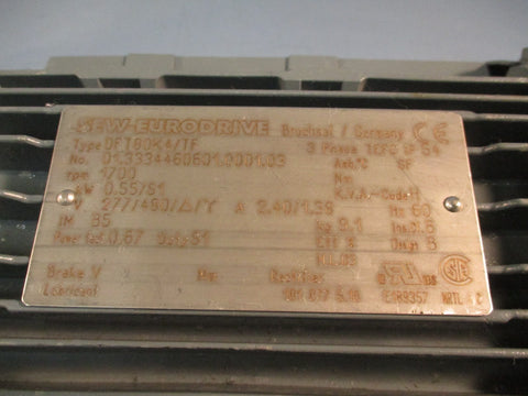 SEW EURODRIVE DFT80K4TF Motor 3PH TEFC IP54 1700 RPM 60Hz Design B Ins Class B
