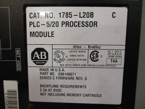 Allen Bradley PLC-5/20 Processor Module Rev. G Series C 1785-L20B