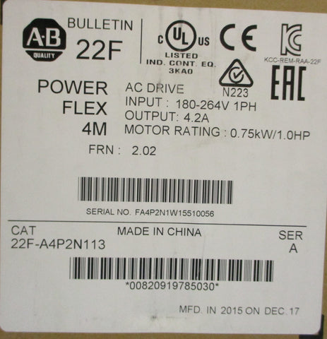 Allen Bradley Power Flex 4M AC Drive 22F-A4P2N113 Ser A 180-264V 1PH 4.2A .75kW