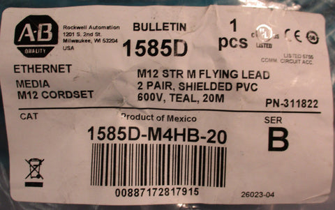 Allen Bradley 1585D-M4HB-20 Ser B Ethernet Media M12 Cordset 20m Long