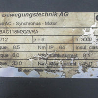 BAG Bewegungstechnik AG Brushless Servo Motor BAC118M30/3/RA/TS 33 Nm Max Used