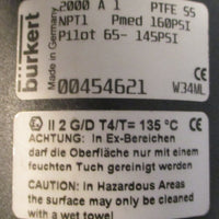 Burkert 2000 Pneumatic Valve 00454621 Pilot 65145PSI 2Way Solenoid PTFE SS