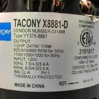 TACONY X8881-D Type YY375-8881 1/2 HP 920 RPM 120V 1 Phase Motor, 50/60Hz