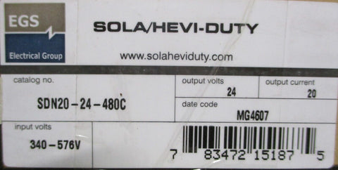 EGS Sola SDN 20-24-480C Power Supply 24VDC 20A Output, 380/500VAC 1.7/1.5A Input