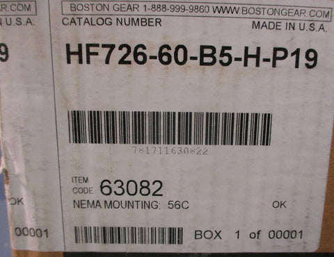 Boston Gear HF726-60-B5-H-P19 Gear Reducer 60:1 Ratio 0.89 HP 1385 Lb/In