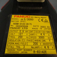Fanuc a3/3000 AC Servo Motor 127 V 0.9 kW, 3 PH A06B A06B0123B175
