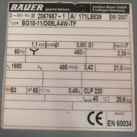 Bauer BG1011/D09LA4WTF Gearmotor 20676571 1.1kW 460V 20mm Shaft Dia