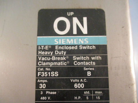 Siemens F351SS Fusible Disconnect Safety Switch Ser B 30 A 600 VAC