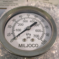 Lot of (2) Miljoco 2.5" Liquid Fillable Gauge P2598LZ05SS 0100psi/kpa 1/4NPT LM