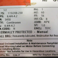 Dayton 6K184BA Industrial Motor 1PH 1/2HP 3450RPM 115/208-230V 5/8" Shaft Dia