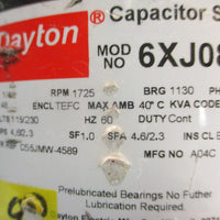 Dayton 6XJ08 Capacitor Start Motor 1/4 HP 1725 RPM 1 PH 1/2" Shaft Dia