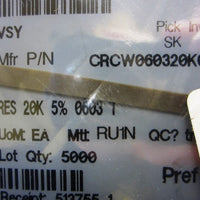 Vishay CRCW060320K0JNEA SM Thick Film Resistors, 0603, 20K ohm, 5%T, 9853 pcs