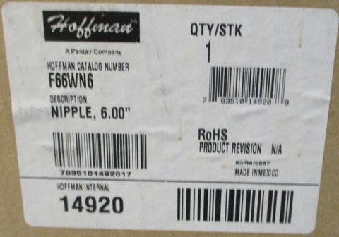 Hoffman F66WN6 Nipple FeedThrough Wireway 6" W x 6" H Wireway x 6" L 14920