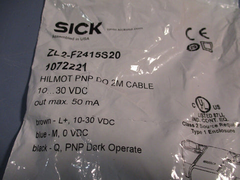 SICK 1072221 RETRO-REFLECTIVE SENSOR. HILMOT PNP DO 2M CABLE..30VDC ZL2-F2415S20