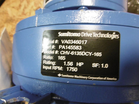 New Sumitomo Drive Cyclo 6000 PA145583 1:165 1.56HP 1750RPM CHV-6135DCY-165