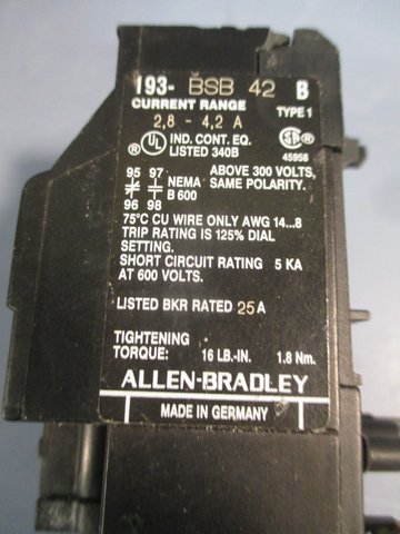 Allen-Bradley Bi-Metallic Overload Relay  193-BSB 42