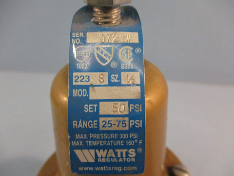 WATTS Regulator 223S Water Pressure Regulator Sz 1/2 Set 50 PSI