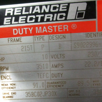 Reliance P21G7405R Motor 10 HP 3510 RPM 230/460 Volt 215T Frame XE Duty Master