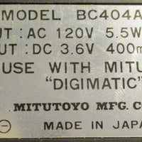 Mitutoyo BC404A Battery Charger Input AC 120V Output DC 3.6v
