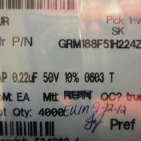 Murata GRM188F51H224ZA01D Ceramic Capacitors, SM, 50V, 220nF, 0603, 2096 pcs