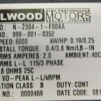 Elwood N-2304-1-F00AA AC Servo Motor 999-001-0352 6000RP .25HP 1/4" Shaft Dia