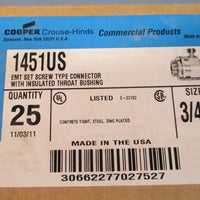 25 Crouse Hinds 1451US EMT Set Screw Type Connector 3/4" Zinc Plated Steel NIB