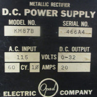 Opad Electric Company KM87B Metallic Rectifier DC Power Supply 032VDC Output